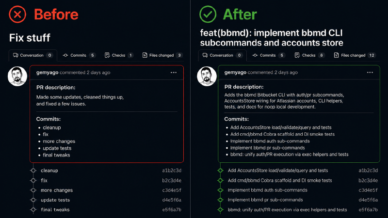Split-screen GitHub pull request comparison with vague bad commits on the left and a clear AI-assisted PR summary on the right