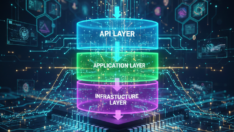 Pragmatic Layered Architecture Diagram showing API, Application, and Infrastructure layers in a futuristic microprocessor style
